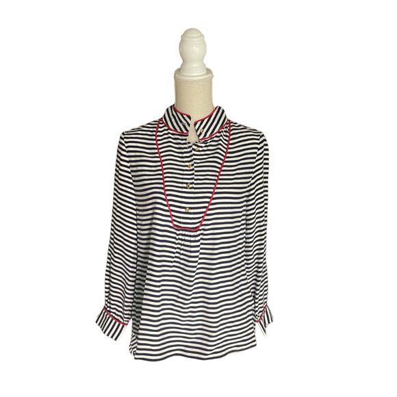 Sail to Sable STS striped silk top S small navy blue gold button long sleeve - Picture 1 of 10